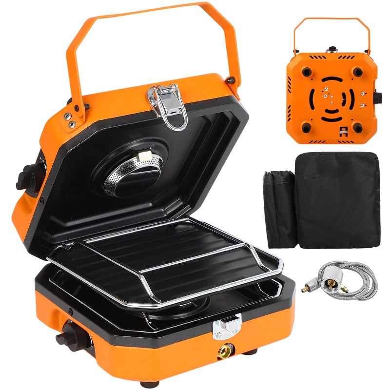 FAHKNS Adjustable 2-Burner Portable Stove with 16000 BTU, with Camping Grill and Carrying Bag, Portable Propane Camp Stove with 2 Burners & Piezo Ignition for Camping, Backyard BBQ,Tailgating (Orange) - Image 1