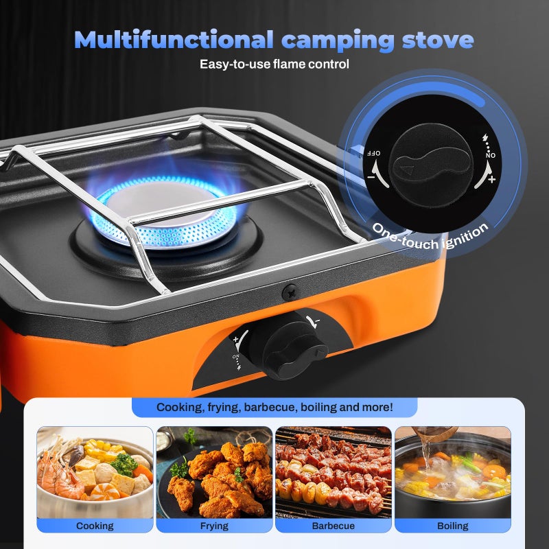 FAHKNS Adjustable 2-Burner Portable Stove with 16000 BTU, with Camping Grill and Carrying Bag, Portable Propane Camp Stove with 2 Burners & Piezo Ignition for Camping, Backyard BBQ,Tailgating (Orange) - Image 4