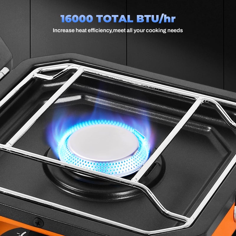 FAHKNS Adjustable 2-Burner Portable Stove with 16000 BTU, with Camping Grill and Carrying Bag, Portable Propane Camp Stove with 2 Burners & Piezo Ignition for Camping, Backyard BBQ,Tailgating (Orange) - Image 2