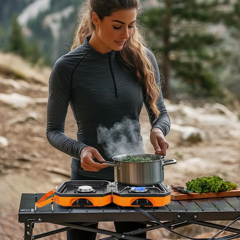 FAHKNS Adjustable 2-Burner Portable Stove with 16000 BTU, with Camping Grill and Carrying Bag, Portable Propane Camp Stove with 2 Burners & Piezo Ignition for Camping, Backyard BBQ,Tailgating (Orange) - Image 3