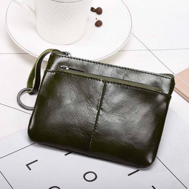 New Trendy Genuine Leather Mens Simple Coin Purse Womens Zipper Hand Wallet Vintage Short Cowhide Card Bag Cross-Border Army Green