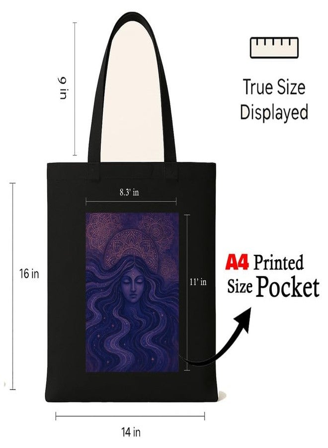 Megrok Divine Mandala Tote Bag for Women | Front A4 Size Printed Pocket | 16x14 Inch Sacred Cotton Bag | Spiritual Art Therapy Companion - Image 3