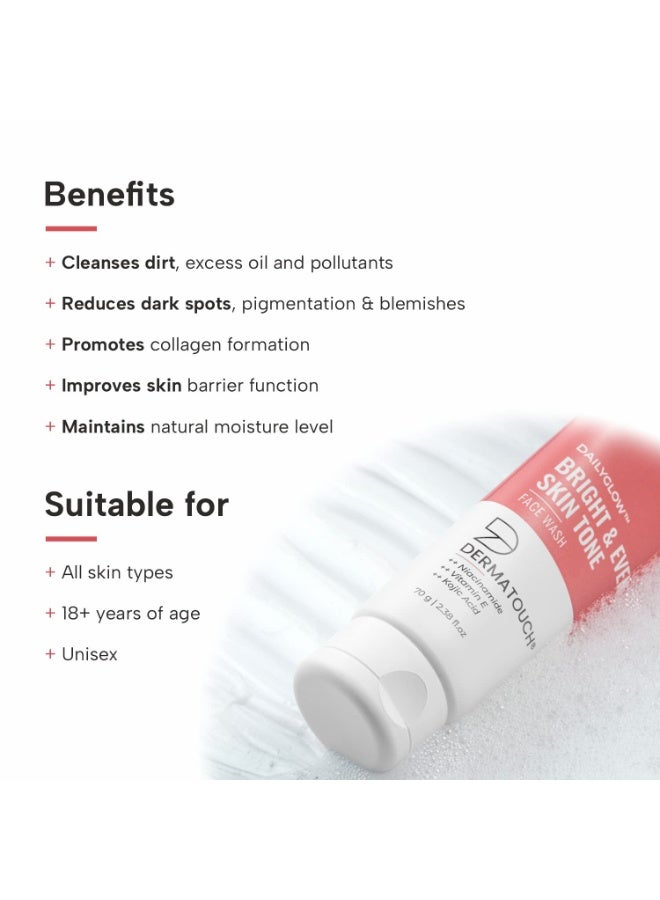 DERMATOUCH Bright & Even Tone Face Wash with Niacinamide, Vitamin E and Kojic Acid | Daily Gentle Face Cleanser For Tan, Pigmentation, Uneven Tone, Dark Spot Removal - 70G - Image 4