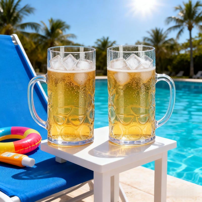 Komost 20oz Plastic Beer Mugs with Handles Set of 2, Clear Resuable Beer Stein Drinking Cups, Ideal for Party Bar Home Hotel - Image 4
