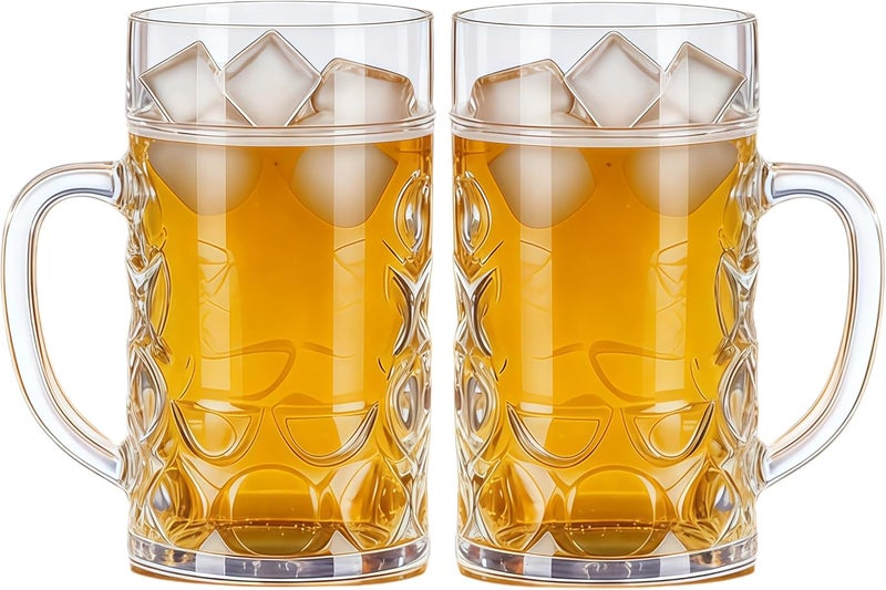 Komost 20oz Plastic Beer Mugs with Handles Set of 2, Clear Resuable Beer Stein Drinking Cups, Ideal for Party Bar Home Hotel - Image 1