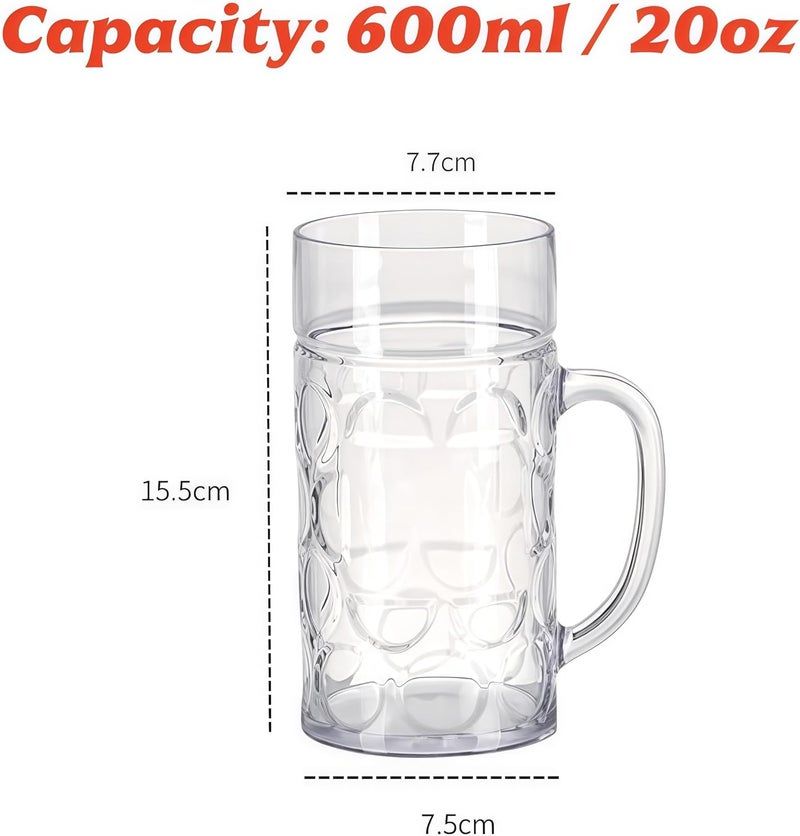 Komost 20oz Plastic Beer Mugs with Handles Set of 2, Clear Resuable Beer Stein Drinking Cups, Ideal for Party Bar Home Hotel - Image 2