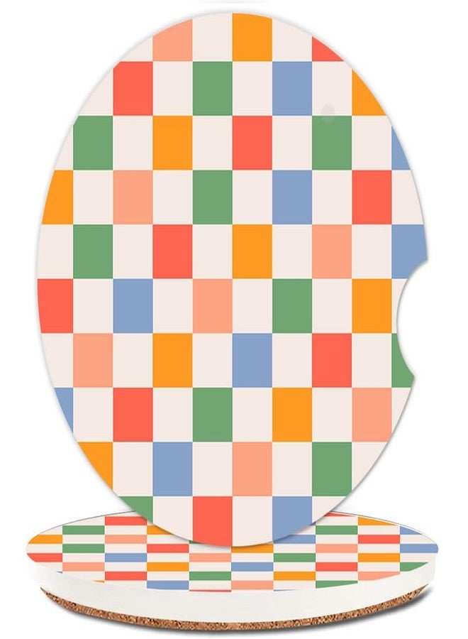 ZHIZHEND Ceramic Cup Holders Car Coasters for Women/Men,Fashion Absorbent Drink Cup Car Holder Coasters with A Finger Notch 2.56" Pack of 2,Retro Checkered Colorful - Image 1