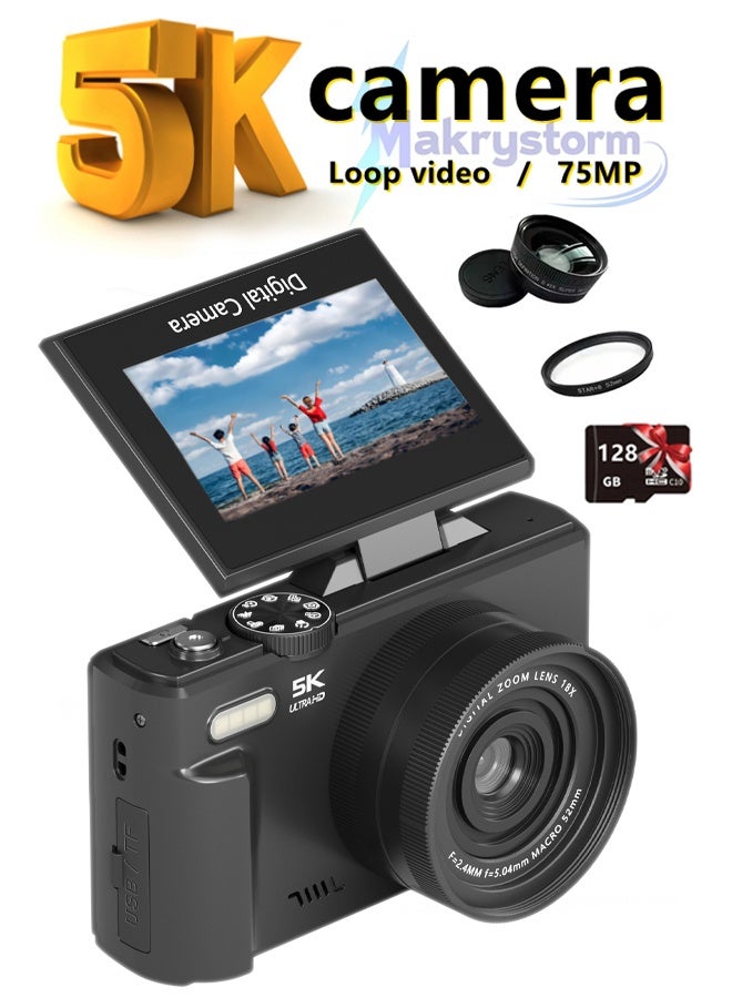 Generic 5K Digital Camera, 75MP Camera Digital for Photography, Point and Shoot Camara, 18X Digital Camera with 3" 180° Flip Screen, Vlogging Camera for Beginner Gift  - Image 1