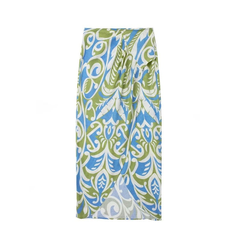 2023 Summer Knot Shirt  Print Wrap Midi Skirt Set Skirt - Image 1