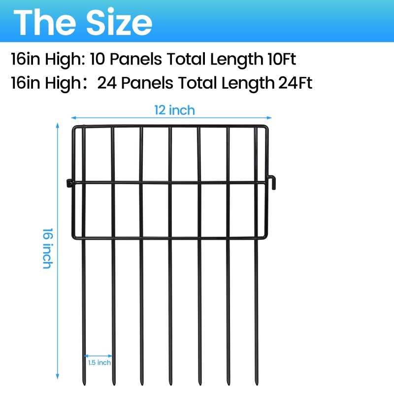 Getlay 22 Pack Animal Barrier Fences, 1.5" Gap No Digging Garden Fence Panels, Metals Black Deterrent Fence for Dogs Rabbits, Decorative Fence for Outdoor Landscape Patio Total 22 ft(L)Ã—16 in(H) - Image 2
