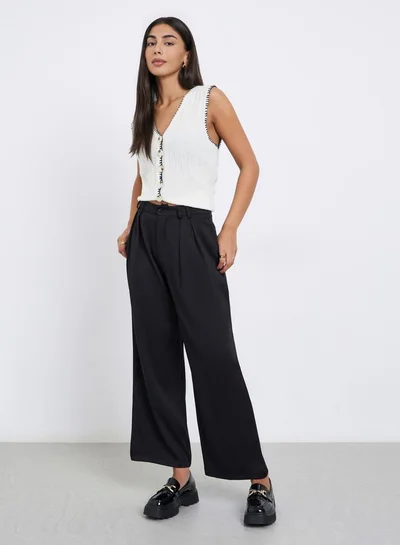 Styli Black Twill Wide Leg Trousers with Double Pleat Detail