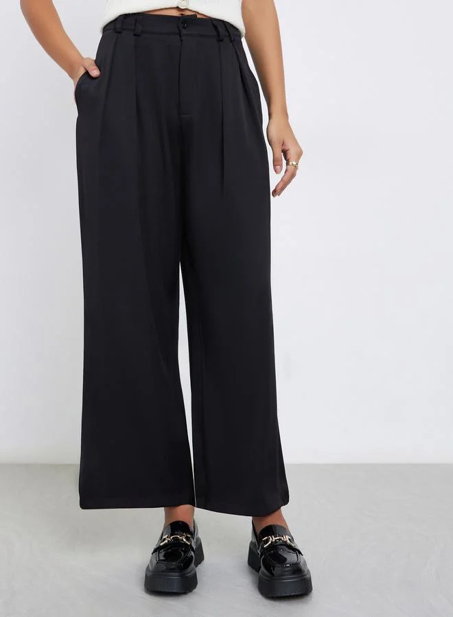 Styli Styli Black Twill Wide Leg Trousers with Double Pleat Detail