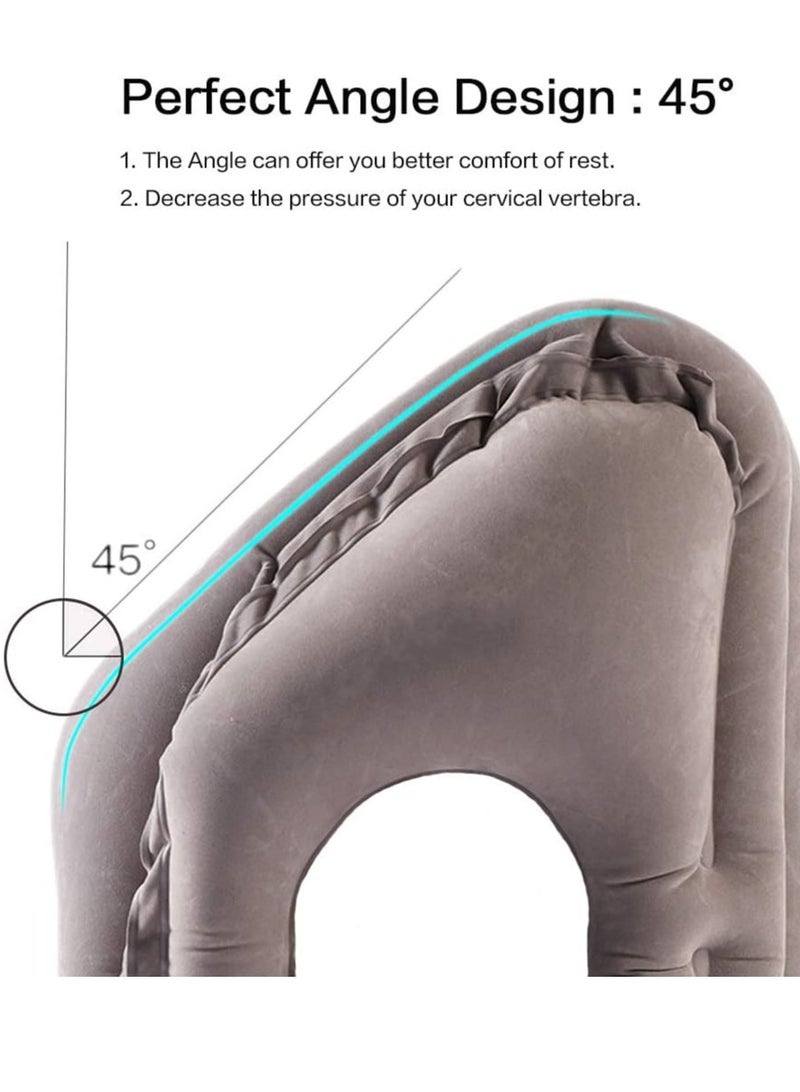 أم جي زي وسادة سفر قابلة للنفخ للسفر، وسادة هوائية محمولة للرأس والرقبة للنوم على متن الطائرة لتجنب آلام الرقبة والكتف، تدعم الرأس، للطائرات والقطارات والسيارات والمكتب مع حقيبة برباط (رمادي) - Image 2