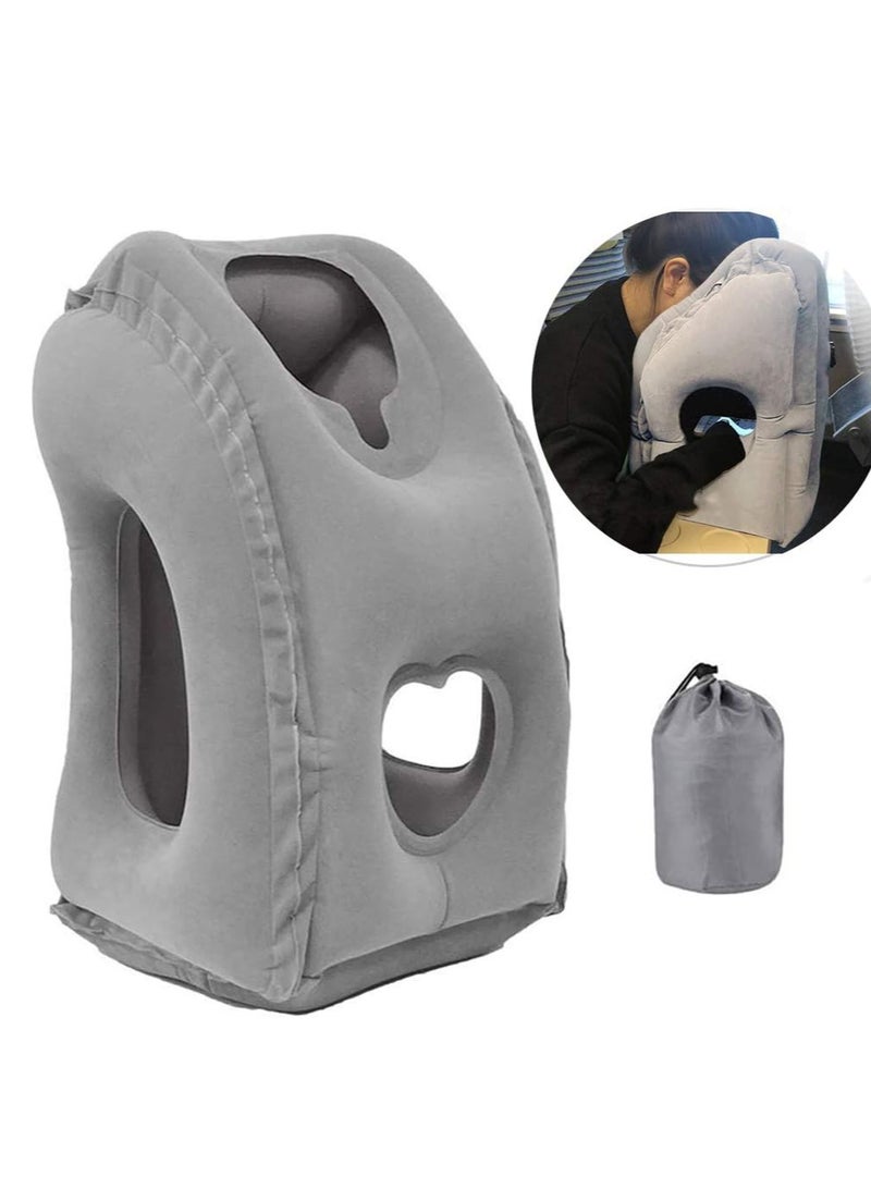 أم جي زي وسادة سفر قابلة للنفخ للسفر، وسادة هوائية محمولة للرأس والرقبة للنوم على متن الطائرة لتجنب آلام الرقبة والكتف، تدعم الرأس، للطائرات والقطارات والسيارات والمكتب مع حقيبة برباط (رمادي) - Image 1