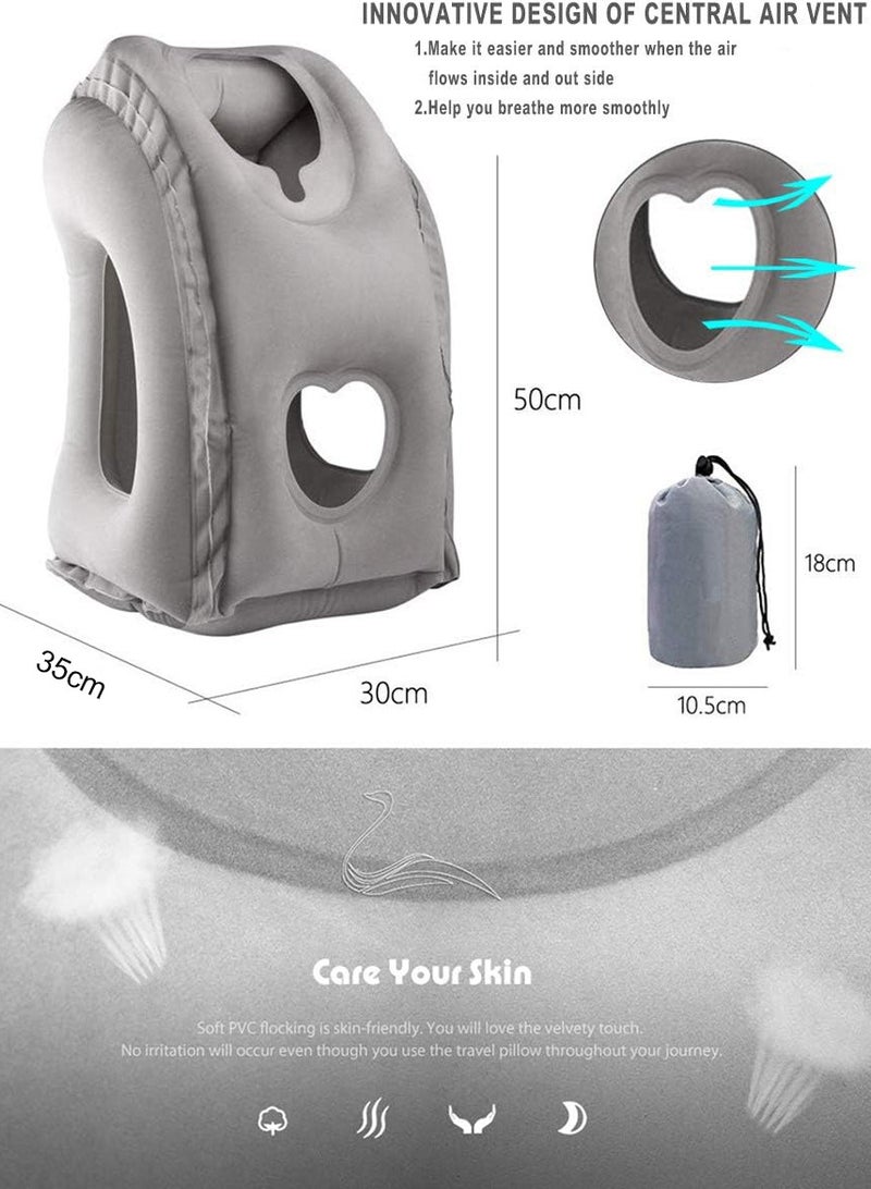 أم جي زي وسادة سفر قابلة للنفخ للسفر، وسادة هوائية محمولة للرأس والرقبة للنوم على متن الطائرة لتجنب آلام الرقبة والكتف، تدعم الرأس، للطائرات والقطارات والسيارات والمكتب مع حقيبة برباط (رمادي) - Image 5