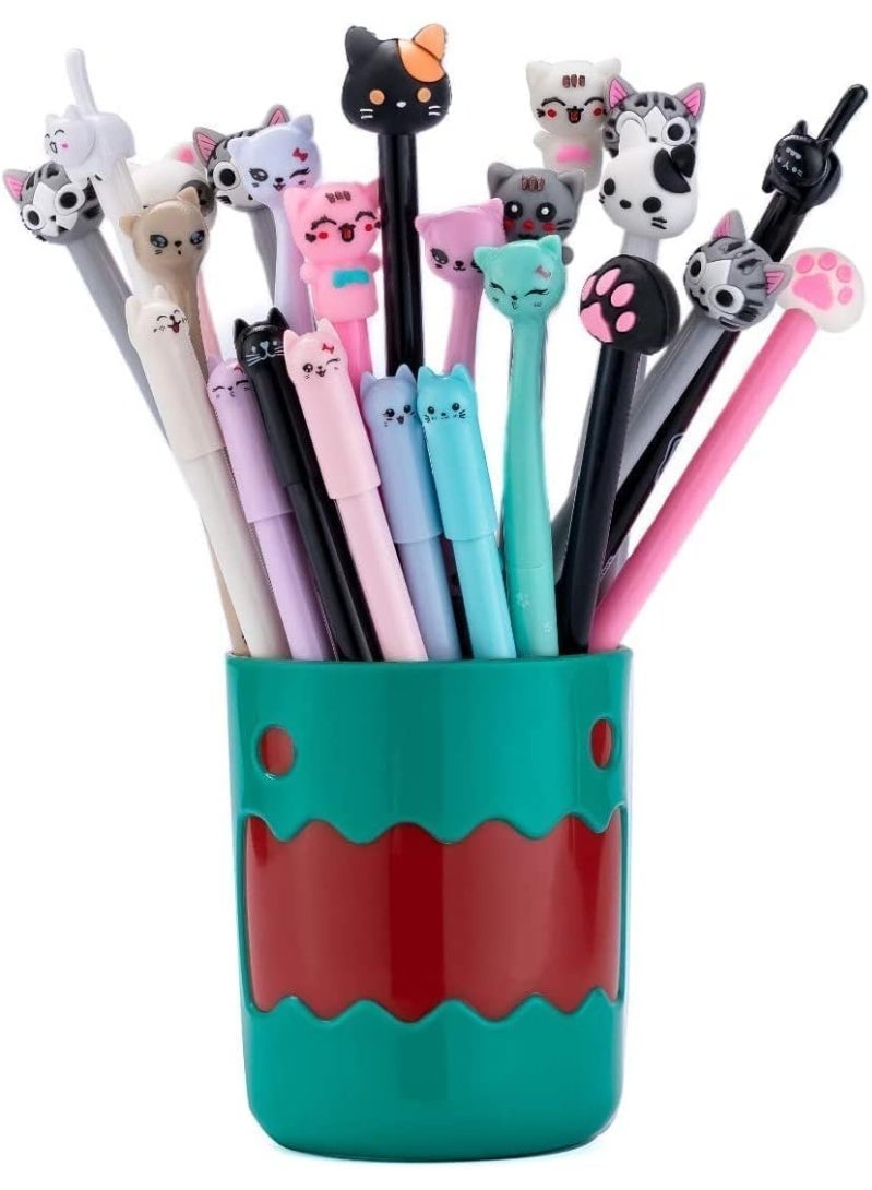 24 Pcs Cute Cat Gel Pen, Kawaii Pens Set with Pen Holder, Black Ink Pens for Journaling, Writing, Drawing Office Home School Stationery, with Comfort Grip, Smooth Writing Experience, 24-Styles - Image 1