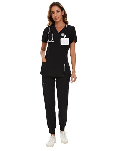 COZYFIT Scrubs for Women Set - Stretch V-Neck Scrub Top & Jogger Pant with 8 Pockets, Yoga Waistband, Anti Wrinkle, Slim Fit Women Scrubs - Black, L, Tall - Image 2