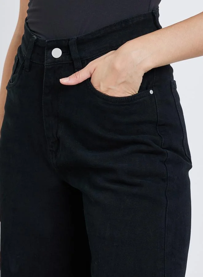 Styli High Rise Straight Fit Jeans with Raw Edge