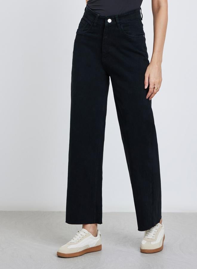 Styli High Rise Straight Fit Jeans with Raw Edge - Image 2