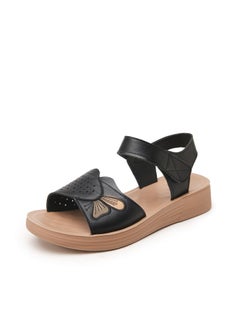 Genuine Leather Mother Sandals for Middle-aged and Elderly Womens Shoes Summer Flat Non-slip Soft-soled Comfortable Milk Shoes for Middle-aged and Elderly Black