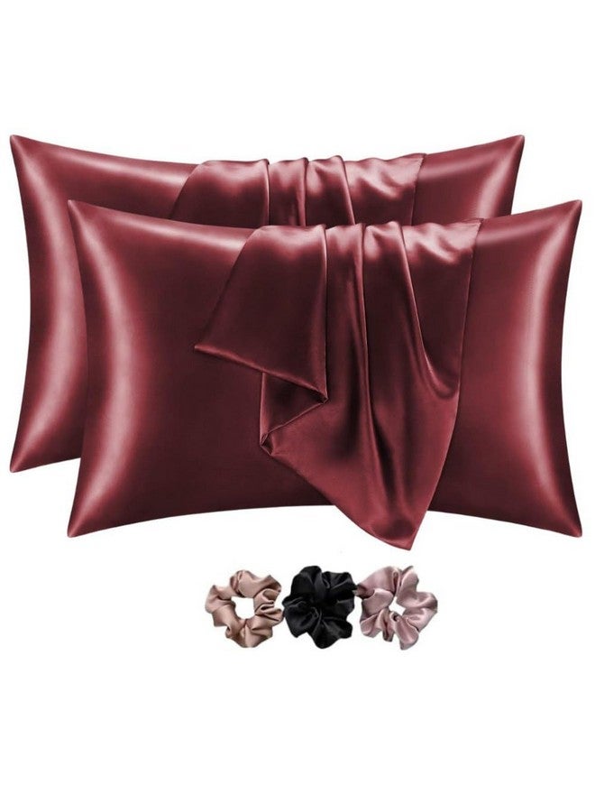 Go Well Satin Silk Pillow Cover for Hair and Skin 2 Piece with 3 Piece Satin Scrunchies for Women Stylish Silk Pillow Covers with Envelope Closure end Design|Silk Pillow Cases(Maroon) 600 TC, 600 TC - Image 1