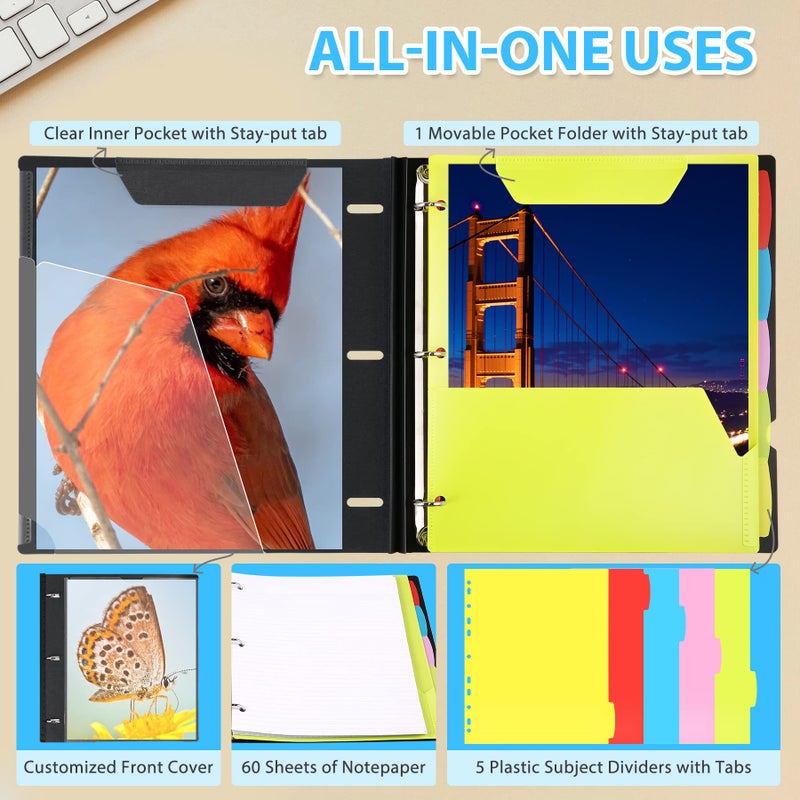 WOT I 2-Pack Telescoping 3 Ring Binder Notebooks - Customizable Cover, 5 Dividers & Pocket Folder in One Slim Organizer (60 Sheets Included), Black - Image 4