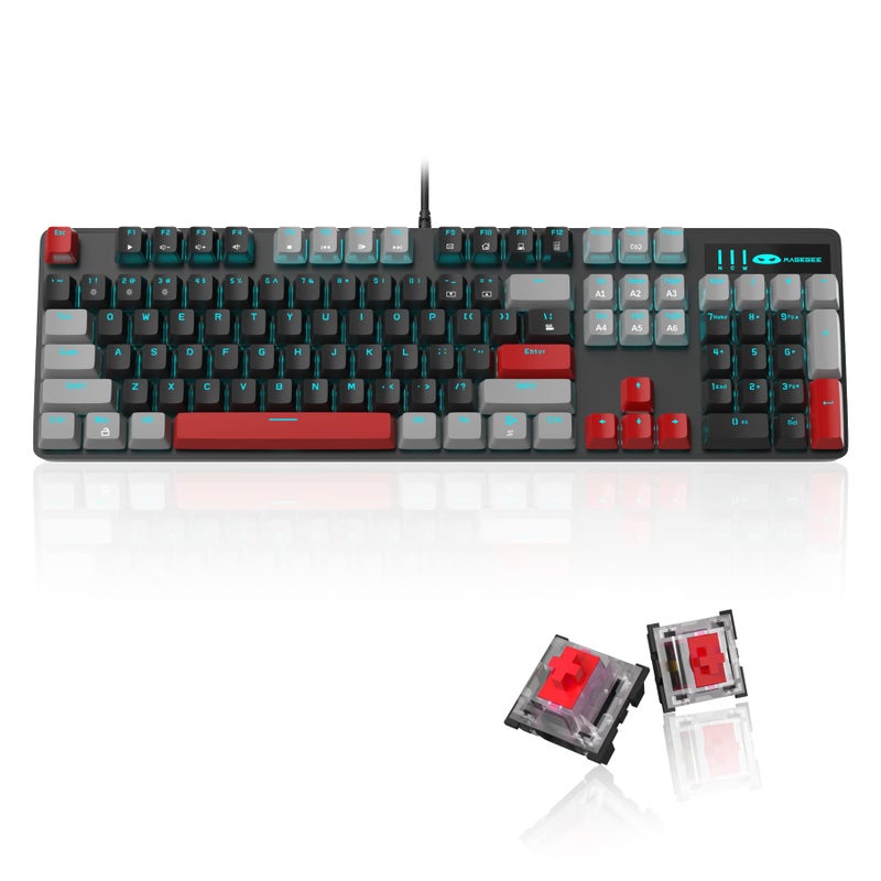 MageGee Mechanical Gaming Keyboard 104 Keys Blue Backlit Keyboards with Red Switches DoubleShot Keycaps USB Wired Mechanical Computer Keyboard for Laptop Desktop PC GamersGray Black