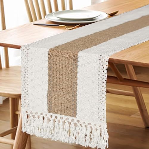 FEXIA Boho Table Runner for Thanksgiving Home Decor with Tassels 36 Inches Long Farmhouse Rustic Table Runner Cream & Brown Macrame for Boho Dining Bedroom Decor Rustic Bridal Shower (12x36 Inches) - Image 5