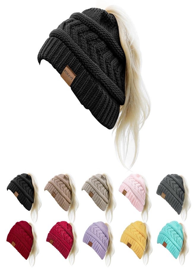 Pukavt 1 Pack Winter Hat Ponytail Beanie Hat for Women, Soft Stretch Cable Knit Messy Bun Beanie,Trendy and Warm Black - Image 1