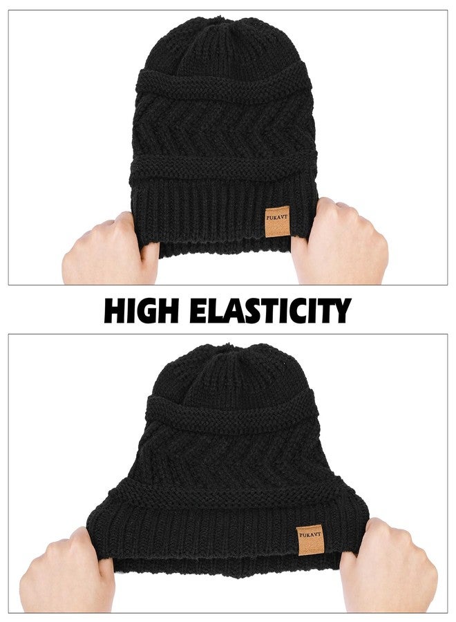 Pukavt 1 Pack Winter Hat Ponytail Beanie Hat for Women, Soft Stretch Cable Knit Messy Bun Beanie,Trendy and Warm Black - Image 2