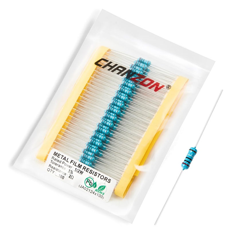 CHANZON 100 قطعة 1/2 واط (0.5 واط) 2Ω أوم مقاومة ثابتة من الفيلم المعدني 0.01 ±1% تحمل 2 ر مقاومات عبر الفتحة مع شهادة روهس - Image 1