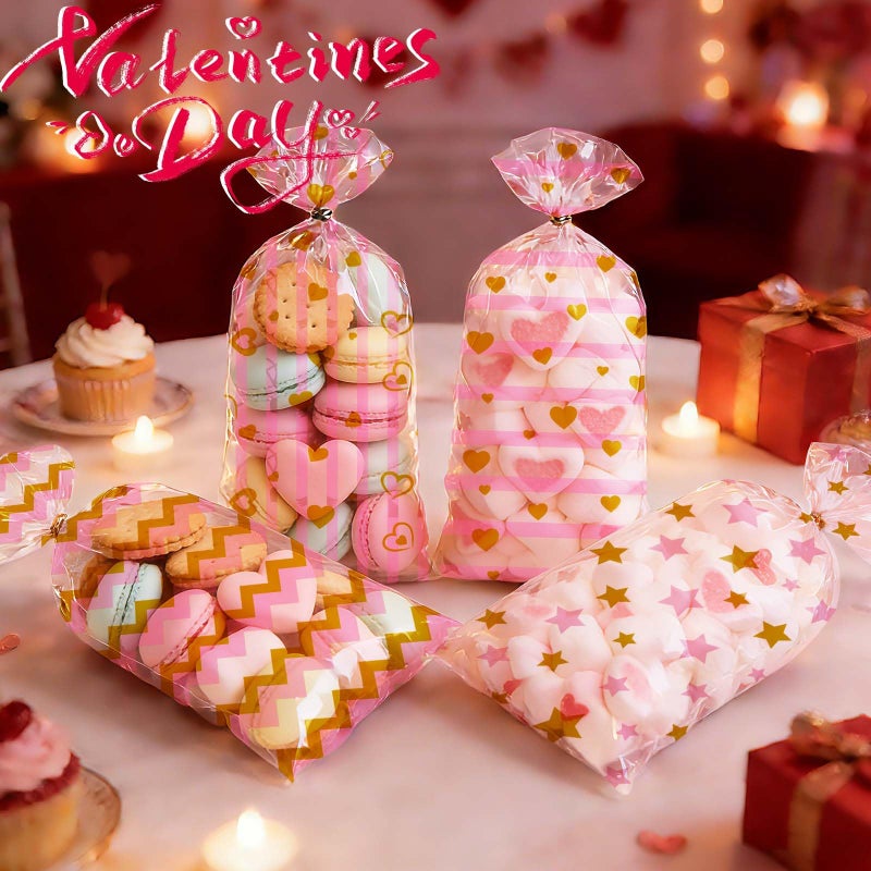 Onfaon Valentines Bags - 180Pcs Valentines Goodie Bags With 200Pcs Twists For Snacks Cookies Candy Packing  Cellophane Treat Bags For Classroom Parties  Kids  Coworkers - Image 2