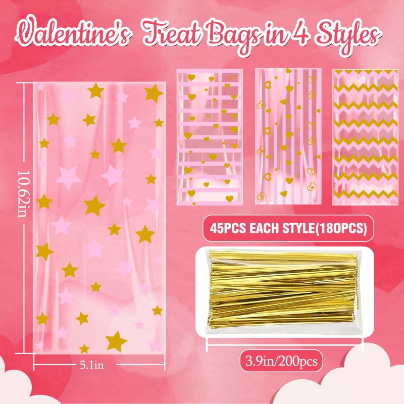 Onfaon Valentines Bags - 180Pcs Valentines Goodie Bags With 200Pcs Twists For Snacks Cookies Candy Packing  Cellophane Treat Bags For Classroom Parties  Kids  Coworkers - Image 3