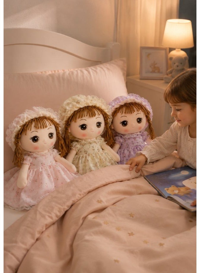 DAT Soft Plush Girl Doll with Floral Dress, Lace Bonnet & Yarn Braids 70cm – Pink, Yellow, Purple - Image 2