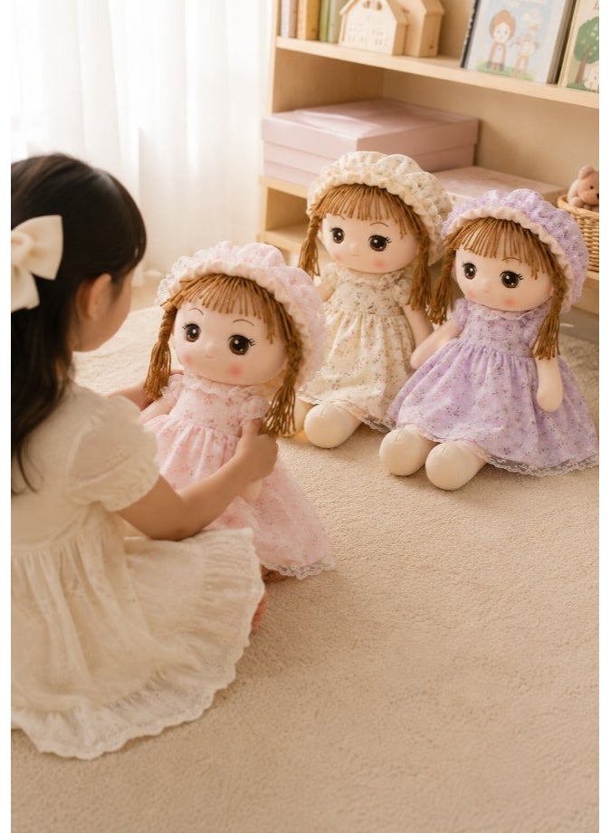 DAT Soft Plush Girl Doll with Floral Dress, Lace Bonnet & Yarn Braids 70cm – Pink, Yellow, Purple - Image 5