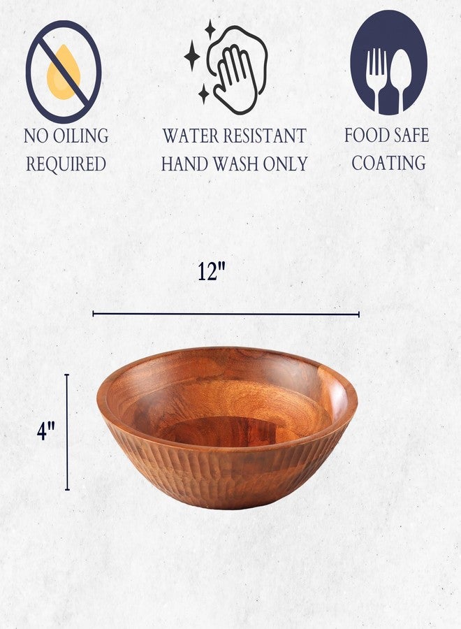 LAVAUK 12" x 4" Wood bowl with hand carved pattern | 4.3 quarts capacity | wooden bowl for food, serving salads, pasta, cereal or popcorn | kitchen counter centerpiece bowl for fruits | - Image 3