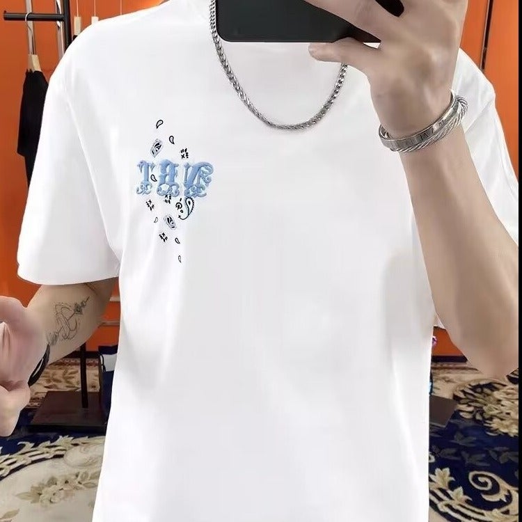 2024 Summer European Fashion Brand Internet Celebrant Heavy Industry Printed Short-Sleeved T-Shirt Men'S Fashionable Slim-Fit All-Match Elastic Round Neck T-Thin - Image 3