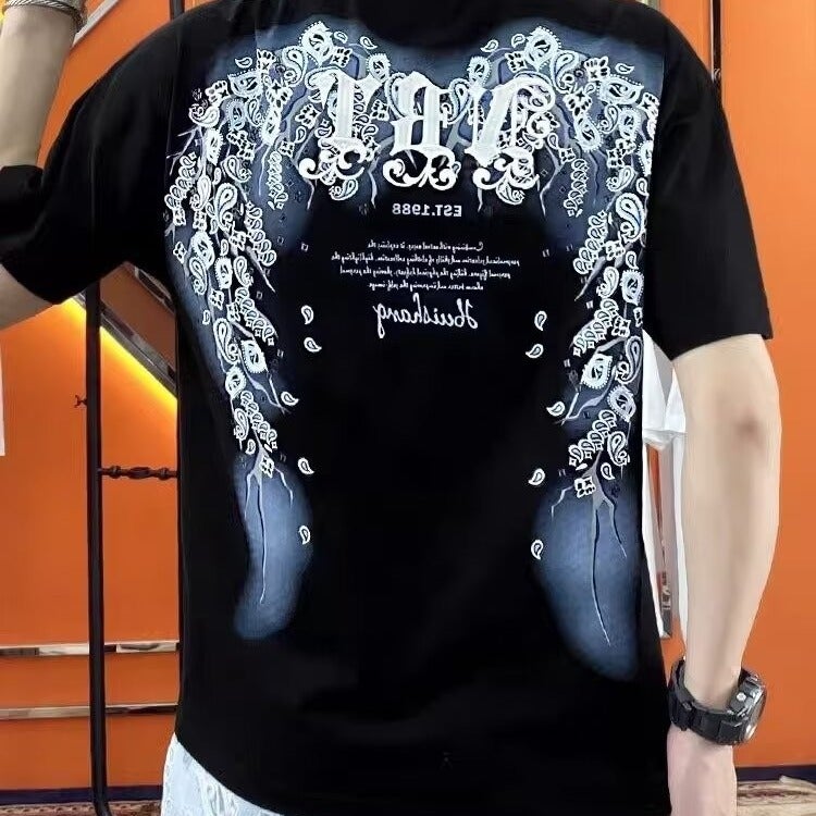 2024 Summer European Fashion Brand Internet Celebrant Heavy Industry Printed Short-Sleeved T-Shirt Men'S Fashionable Slim-Fit All-Match Elastic Round Neck T-Thin - Image 2