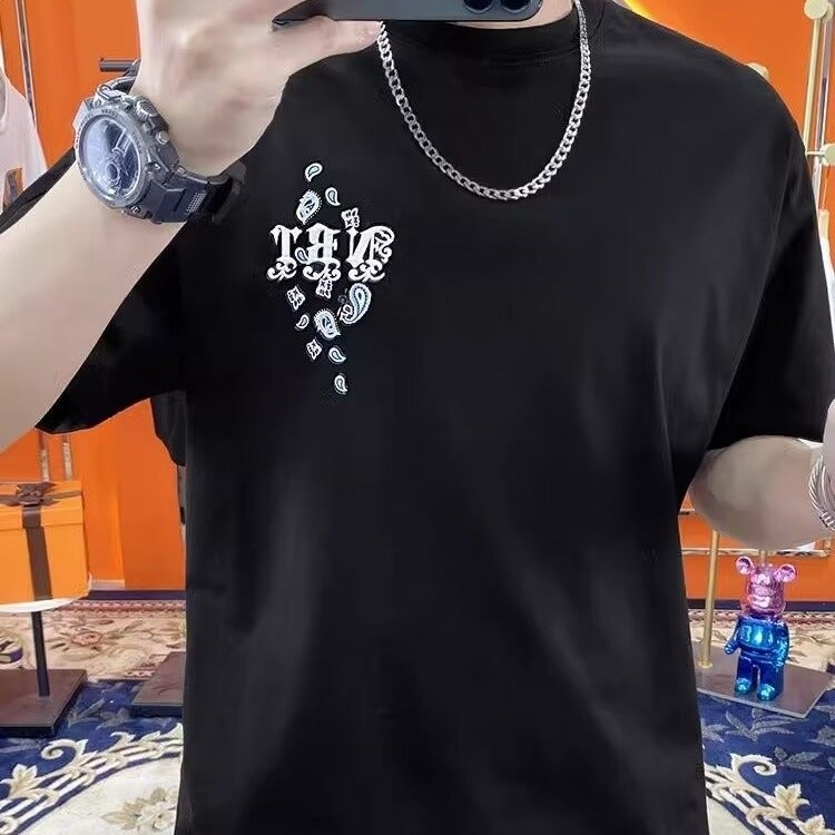2024 Summer European Fashion Brand Internet Celebrant Heavy Industry Printed Short-Sleeved T-Shirt Men'S Fashionable Slim-Fit All-Match Elastic Round Neck T-Thin - Image 4