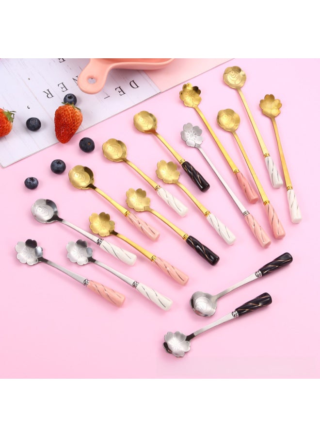 Japanese And Korean Creative Stainless Steel Ceramic Handle Flower Spoon Coffee Spoon Mixing Spoon Dessert Spoon Bird's Nest Spoon Cherry Blossom Rose Spoon-Color:Silver Cherry Blossom "short 12.5cm]