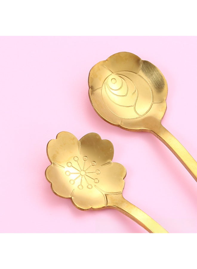 Japanese And Korean Creative Stainless Steel Ceramic Handle Flower Spoon Coffee Spoon Mixing Spoon Dessert Spoon Bird's Nest Spoon Cherry Blossom Rose Spoon-Color:Silver Cherry Blossom "short 12.5cm]