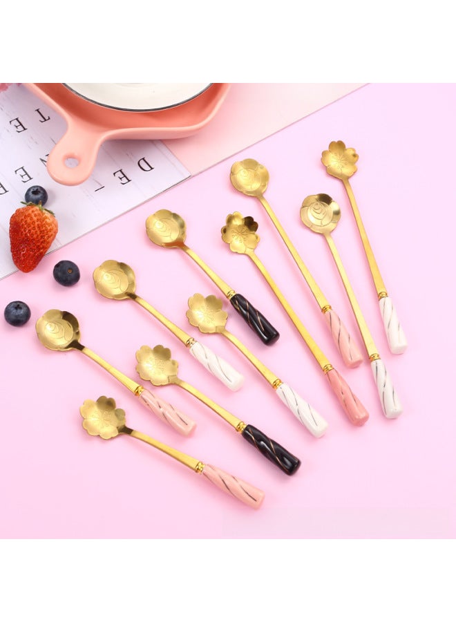 Japanese And Korean Creative Stainless Steel Ceramic Handle Flower Spoon Coffee Spoon Mixing Spoon Dessert Spoon Bird's Nest Spoon Cherry Blossom Rose Spoon-Color:Silver Cherry Blossom "short 12.5cm]