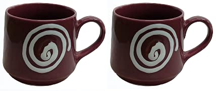 Caffeine Ceramic Handmade Tea Cup Doodle Glossy Brown (Pack of 2) - Image 1