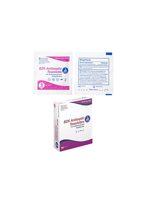 Dynarex BZK Antiseptic Towelettes, Moist Sanitizing Towelettes Designed to Prevent Infection in Minor Wounds, 5x7, Disposable & Individually Wrapped, 1 Box of 100 Dynarex BZK Antiseptic Towelettes