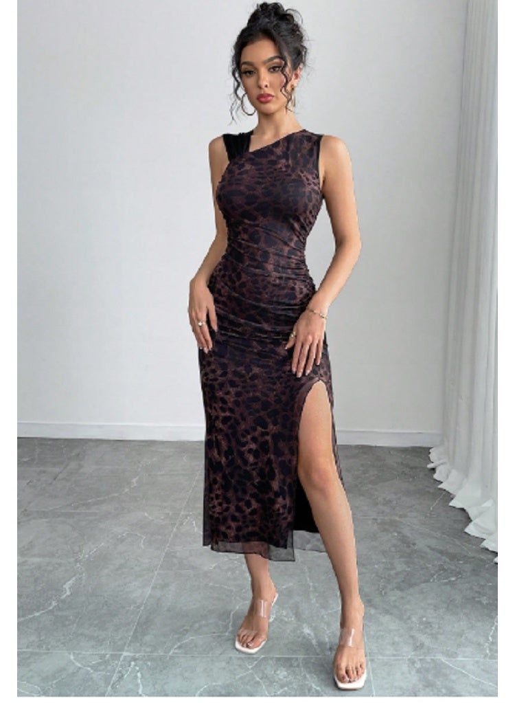 SHEIN Sleeveless Asymmetric Ruched Leopard Chiffon Maxi Dress - Image 3