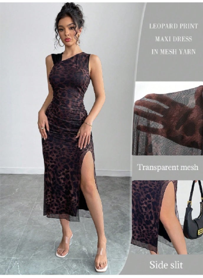 SHEIN Sleeveless Asymmetric Ruched Leopard Chiffon Maxi Dress - Image 1