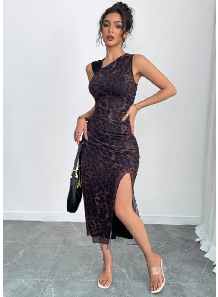 SHEIN Sleeveless Asymmetric Ruched Leopard Chiffon Maxi Dress - Image 5