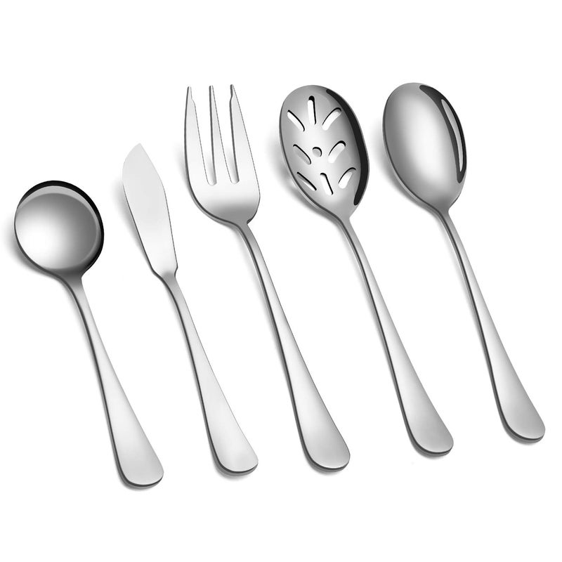 SHARECOOK 5Piece 180 Stainless Steel Serving SetLarge Hostess Set with Round EdgeMirror FinishedDishwasher Safe Spoons ForksButter Knife Slotted SpoonServing set Silver