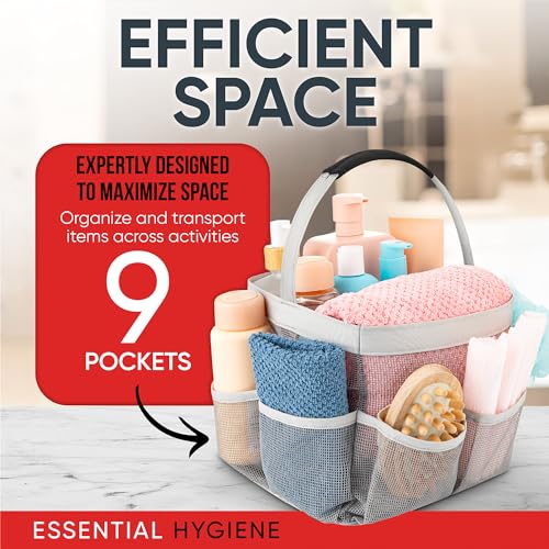Masirs Mesh Shower Caddy - 9 Pocket Portable Bathroom Organizer Tote for Travel, Gym & Dorm - Collapsible Small Shower Caddy Bag to Hold Toiletries & Essentials (Gray) - Image 5