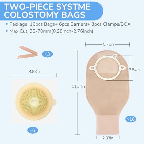 Heagimed 22pcs Ostomy Supplies Colostomy Bags, 2 Piece Colostomy Bags, 25-70 mm Cut-to-Fit Drainable Ostomy Pouch with Clamp Closure for Ileostomy Stoma Care (16 x Ostomy Bags+ 6 x Barriers+3 x Clamps) - Image 2